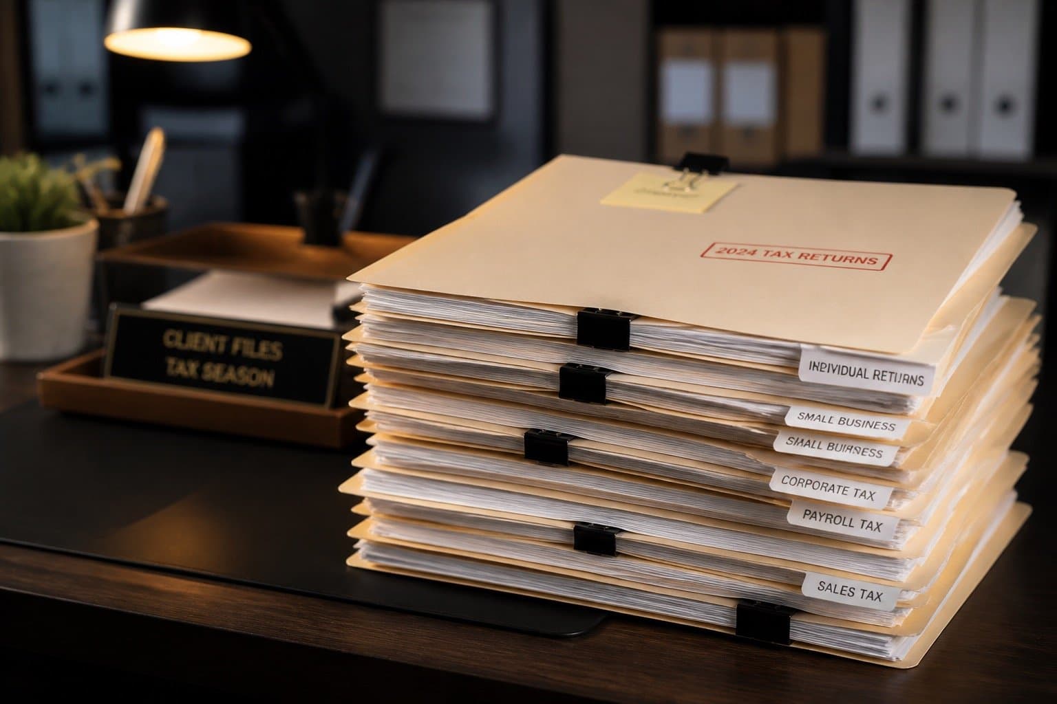 Organised manila folders and filed documents ready for submission