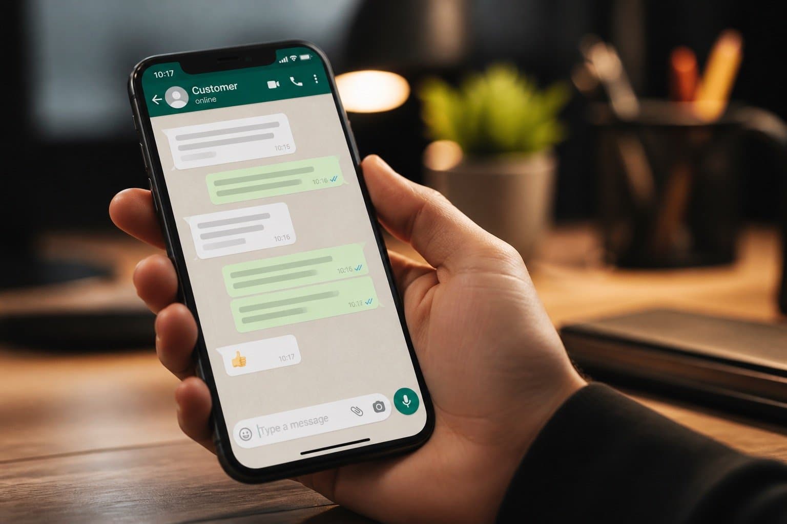 WhatsApp chat on a phone used to follow up with a client